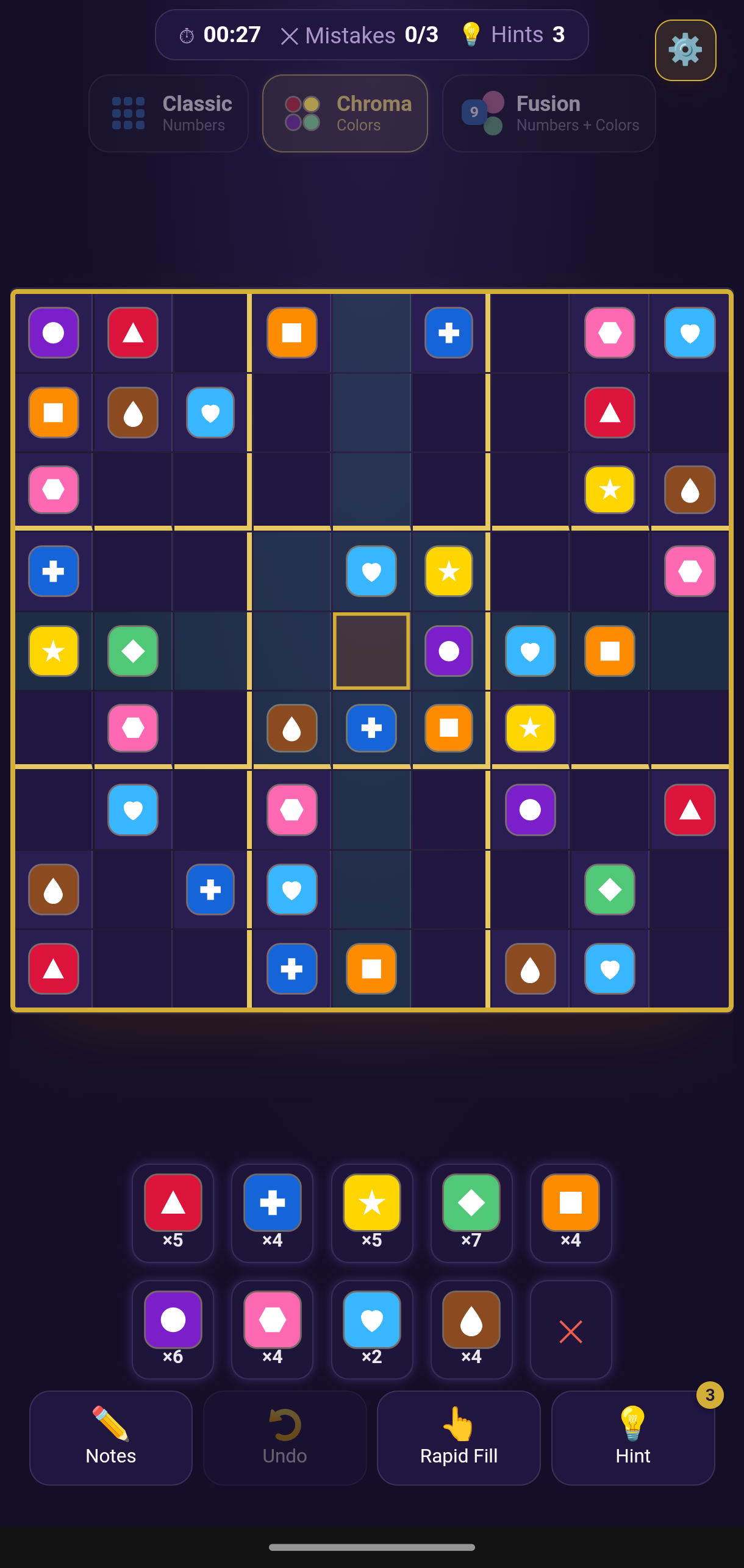 Neo Sudoku Chroma mode gameplay screenshot with color puzzles