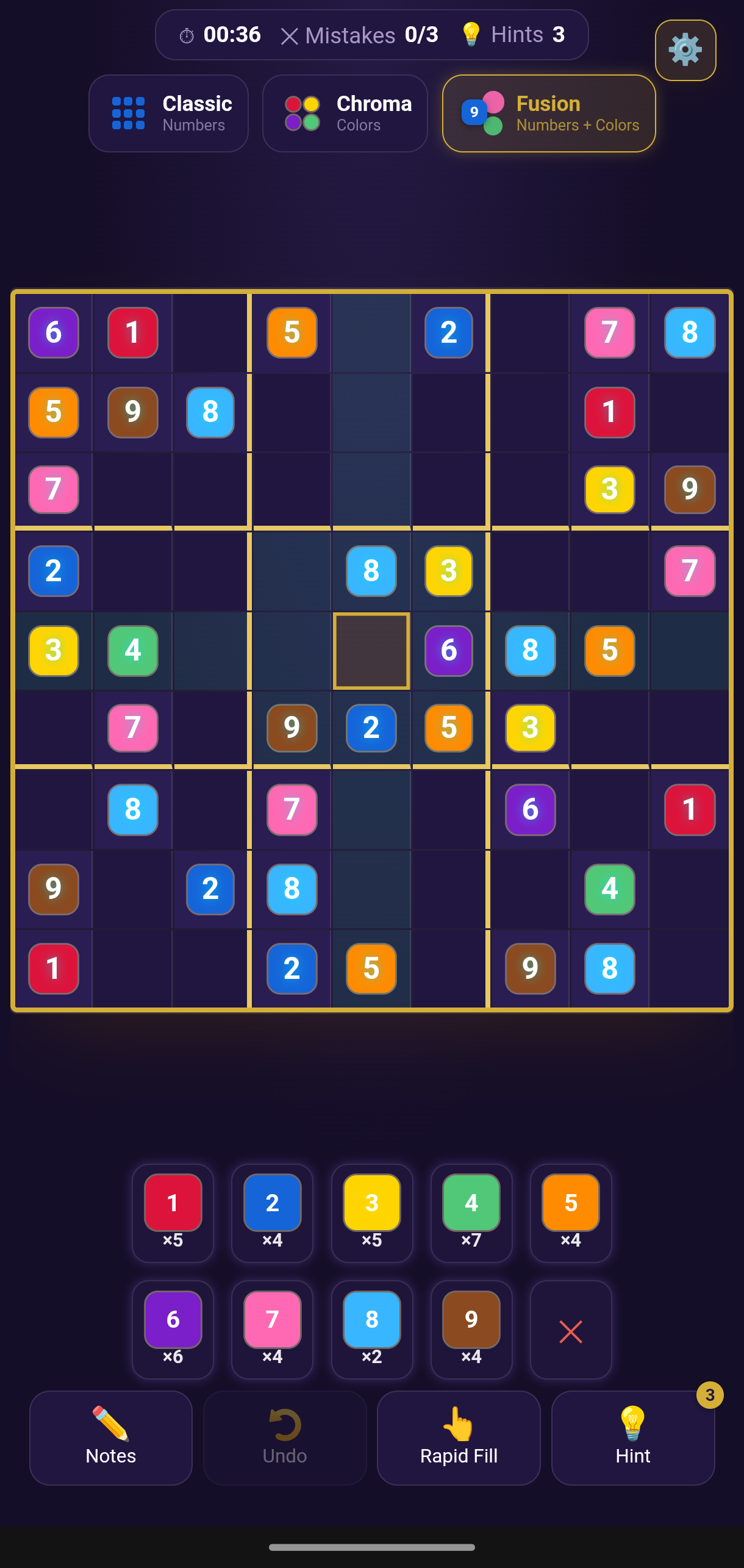 Neo Sudoku Fusion mode gameplay screenshot with numbers and colors